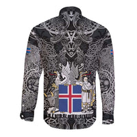 Icelandic Coat of Arms Long Sleeve Button Shirt Viking Knotwork and National Flag Design