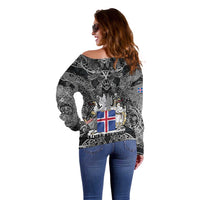 Icelandic Coat of Arms Off Shoulder Sweater Viking Knotwork and National Flag Design