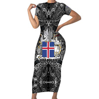 Icelandic Coat of Arms Short Sleeve Bodycon Dress Viking Knotwork and National Flag Design