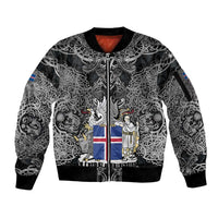Icelandic Coat of Arms Sleeve Zip Bomber Jacket Viking Knotwork and National Flag Design