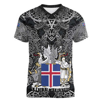 Icelandic Coat of Arms Women V-Neck T-Shirt Viking Knotwork and National Flag Design