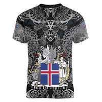Icelandic Coat of Arms Women V-Neck T-Shirt Viking Knotwork and National Flag Design