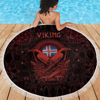 Iceland Vikings Beach Blanket Norse Runes with Raven and Longship Design Featuring National Flag