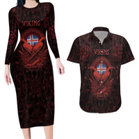 Iceland Vikings Couples Matching Long Sleeve Bodycon Dress and Hawaiian Shirt Norse Runes with Raven and Longship Design Featuring National Flag