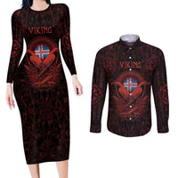 Iceland Vikings Couples Matching Long Sleeve Bodycon Dress and Long Sleeve Button Shirt Norse Runes with Raven and Longship Design Featuring National Flag