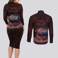 Iceland Vikings Couples Matching Long Sleeve Bodycon Dress and Long Sleeve Button Shirt Norse Runes with Raven and Longship Design Featuring National Flag