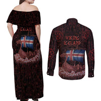 Iceland Vikings Couples Matching Off Shoulder Maxi Dress and Long Sleeve Button Shirt Norse Runes with Raven and Longship Design Featuring National Flag
