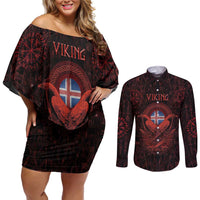 Iceland Vikings Couples Matching Off Shoulder Short Dress and Long Sleeve Button Shirt Norse Runes with Raven and Longship Design Featuring National Flag