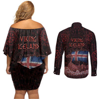 Iceland Vikings Couples Matching Off Shoulder Short Dress and Long Sleeve Button Shirt Norse Runes with Raven and Longship Design Featuring National Flag