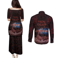 Iceland Vikings Couples Matching Puletasi and Long Sleeve Button Shirt Norse Runes with Raven and Longship Design Featuring National Flag
