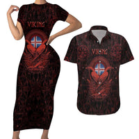 Iceland Vikings Couples Matching Short Sleeve Bodycon Dress and Hawaiian Shirt Norse Runes with Raven and Longship Design Featuring National Flag