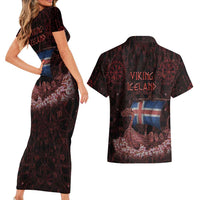 Iceland Vikings Couples Matching Short Sleeve Bodycon Dress and Hawaiian Shirt Norse Runes with Raven and Longship Design Featuring National Flag