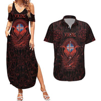 Iceland Vikings Couples Matching Summer Maxi Dress and Hawaiian Shirt Norse Runes with Raven and Longship Design Featuring National Flag