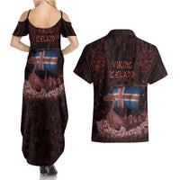 Iceland Vikings Couples Matching Summer Maxi Dress and Hawaiian Shirt Norse Runes with Raven and Longship Design Featuring National Flag