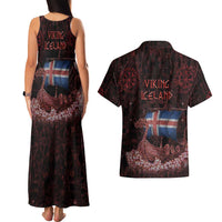 Iceland Vikings Couples Matching Tank Maxi Dress and Hawaiian Shirt Norse Runes with Raven and Longship Design Featuring National Flag