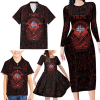 Iceland Vikings Family Matching Long Sleeve Bodycon Dress and Hawaiian Shirt Norse Runes with Raven and Longship Design Featuring National Flag