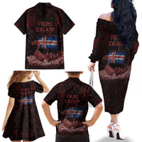 Iceland Vikings Family Matching Off The Shoulder Long Sleeve Dress and Hawaiian Shirt Norse Runes with Raven and Longship Design Featuring National Flag