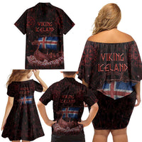 Iceland Vikings Family Matching Off Shoulder Short Dress and Hawaiian Shirt Norse Runes with Raven and Longship Design Featuring National Flag