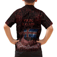 Iceland Vikings Family Matching Short Sleeve Bodycon Dress and Hawaiian Shirt Norse Runes with Raven and Longship Design Featuring National Flag