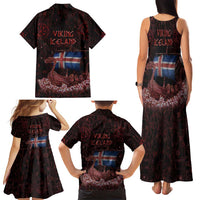 Iceland Vikings Family Matching Tank Maxi Dress and Hawaiian Shirt Norse Runes with Raven and Longship Design Featuring National Flag