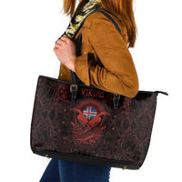 Iceland Vikings Leather Tote Bag Norse Runes with Raven and Longship Design Featuring National Flag