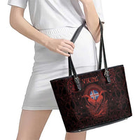 Iceland Vikings Leather Tote Bag Norse Runes with Raven and Longship Design Featuring National Flag