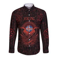 Iceland Vikings Long Sleeve Button Shirt Norse Runes with Raven and Longship Design Featuring National Flag