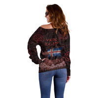 Iceland Vikings Off Shoulder Sweater Norse Runes with Raven and Longship Design Featuring National Flag