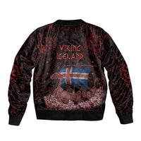 Iceland Vikings Sleeve Zip Bomber Jacket Norse Runes with Raven and Longship Design Featuring National Flag
