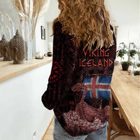 Iceland Vikings Women Casual Shirt Norse Runes with Raven and Longship Design Featuring National Flag