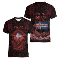 Iceland Vikings Women V-Neck T-Shirt Norse Runes with Raven and Longship Design Featuring National Flag