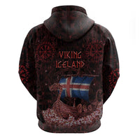 Iceland Vikings Zip Hoodie Norse Runes with Raven and Longship Design Featuring National Flag