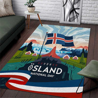 Iceland National Day Area Rug with Icelandic Flag Crest and Scenic Landscape Design