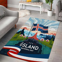 Iceland National Day Area Rug with Icelandic Flag Crest and Scenic Landscape Design