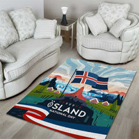 Iceland National Day Area Rug with Icelandic Flag Crest and Scenic Landscape Design