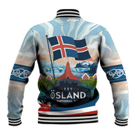 Iceland National Day Baseball Jacket with Icelandic Flag Crest and Scenic Landscape Design