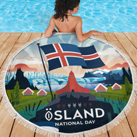 Iceland National Day Beach Blanket with Icelandic Flag Crest and Scenic Landscape Design