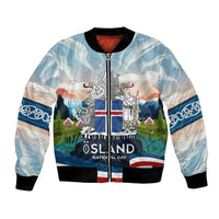 Iceland National Day Bomber Jacket with Icelandic Flag Crest and Scenic Landscape Design