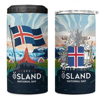 Iceland National Day 4 in 1 Can Cooler Tumbler with Icelandic Flag Crest and Scenic Landscape Design