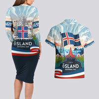 Iceland National Day Couples Matching Long Sleeve Bodycon Dress and Hawaiian Shirt with Icelandic Flag Crest and Scenic Landscape Design