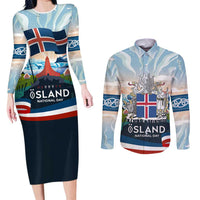 Iceland National Day Couples Matching Long Sleeve Bodycon Dress and Long Sleeve Button Shirt with Icelandic Flag Crest and Scenic Landscape Design