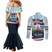 Iceland National Day Couples Matching Mermaid Dress and Long Sleeve Button Shirt with Icelandic Flag Crest and Scenic Landscape Design