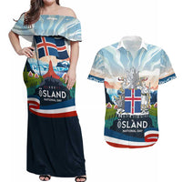 Iceland National Day Couples Matching Off Shoulder Maxi Dress and Hawaiian Shirt with Icelandic Flag Crest and Scenic Landscape Design