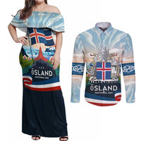Iceland National Day Couples Matching Off Shoulder Maxi Dress and Long Sleeve Button Shirt with Icelandic Flag Crest and Scenic Landscape Design