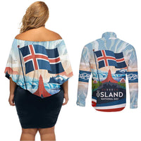 Iceland National Day Couples Matching Off Shoulder Short Dress and Long Sleeve Button Shirt with Icelandic Flag Crest and Scenic Landscape Design