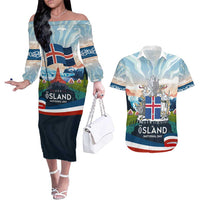 Iceland National Day Couples Matching Off The Shoulder Long Sleeve Dress and Hawaiian Shirt with Icelandic Flag Crest and Scenic Landscape Design