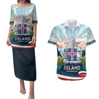 Iceland National Day Couples Matching Puletasi and Hawaiian Shirt with Icelandic Flag Crest and Scenic Landscape Design
