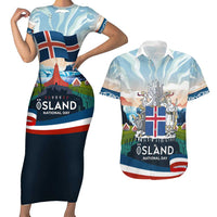 Iceland National Day Couples Matching Short Sleeve Bodycon Dress and Hawaiian Shirt with Icelandic Flag Crest and Scenic Landscape Design