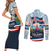 Iceland National Day Couples Matching Short Sleeve Bodycon Dress and Long Sleeve Button Shirt with Icelandic Flag Crest and Scenic Landscape Design
