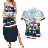 Iceland National Day Couples Matching Summer Maxi Dress and Hawaiian Shirt with Icelandic Flag Crest and Scenic Landscape Design
